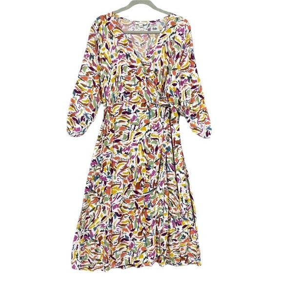 beachlunchlounge Ruched Sleeve Abstract Wrap Midi Dress Womens Size Medium - Picture 1 of 8